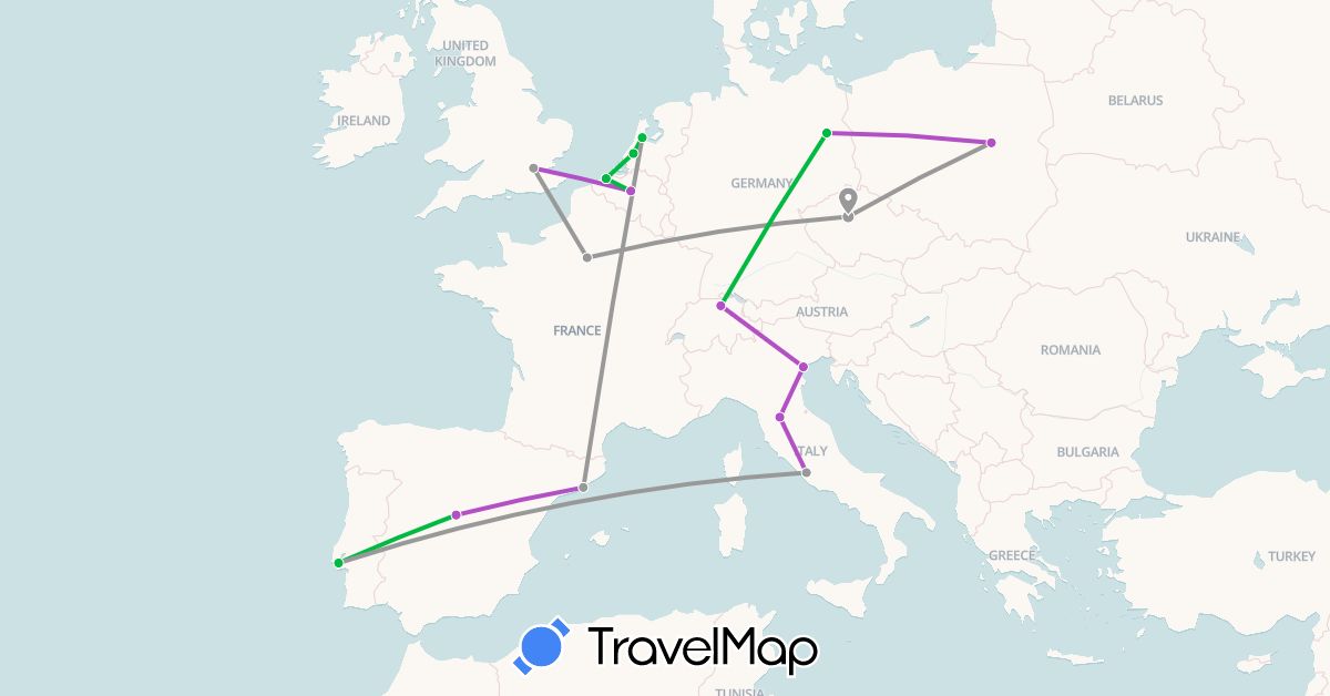TravelMap itinerary: driving, bus, plane, train in Belgium, Switzerland, Czech Republic, Germany, Spain, France, United Kingdom, Italy, Netherlands, Poland, Portugal (Europe)